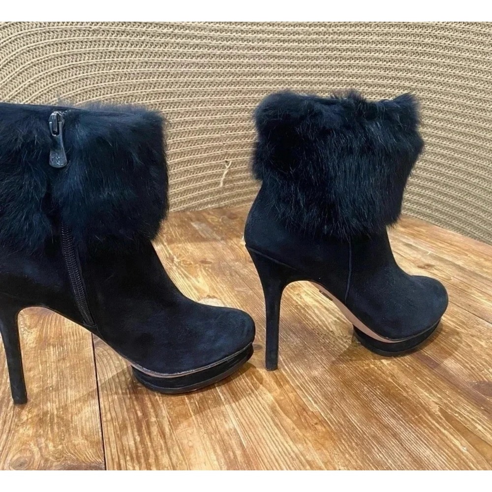 BCBGMAXAZRIA Black Leather Suede Fur Trim Platform Stiletto Ankle Boots EUC